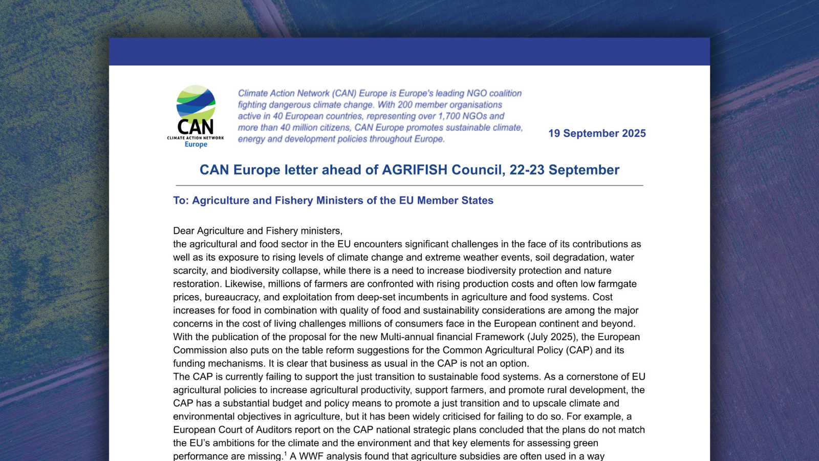 Letter: Common Agricultural Policy to support the just transition to sustainable food systems