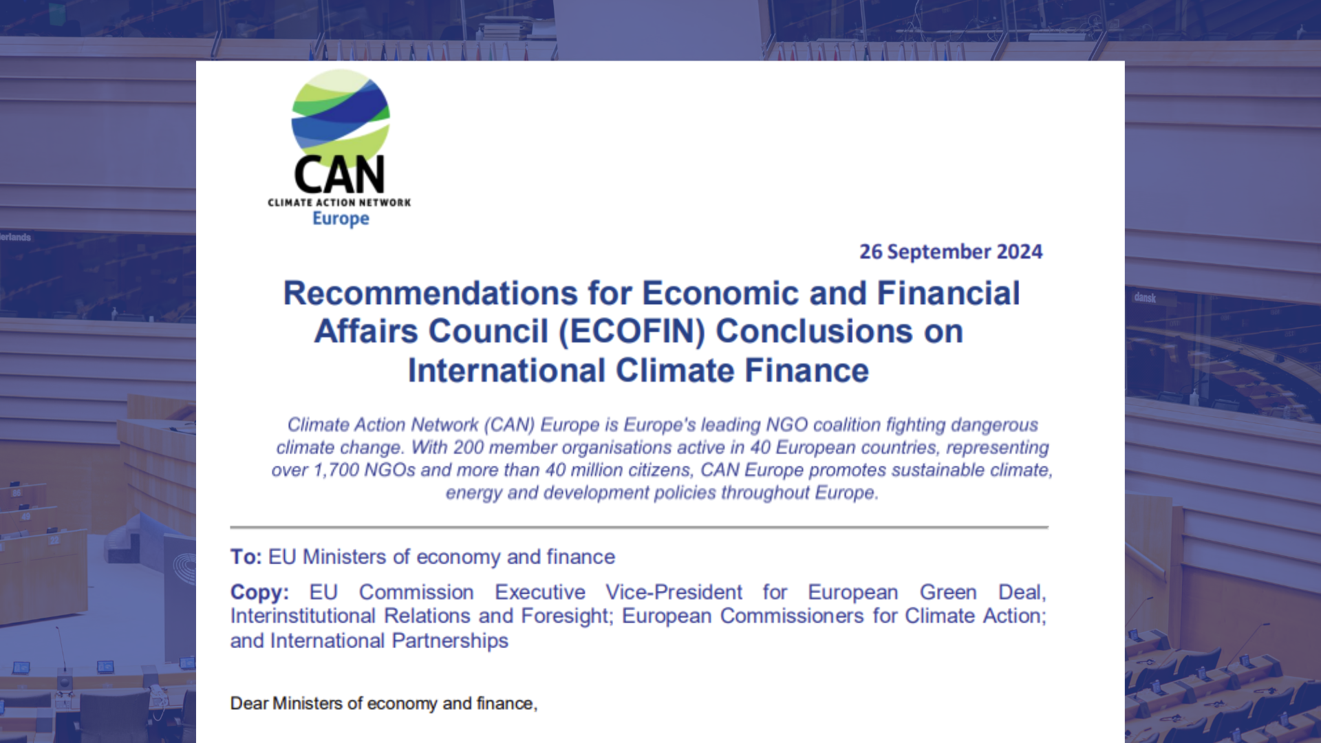 Letter: Recommendations for ECOFIN Conclusions on International Climate Finance
