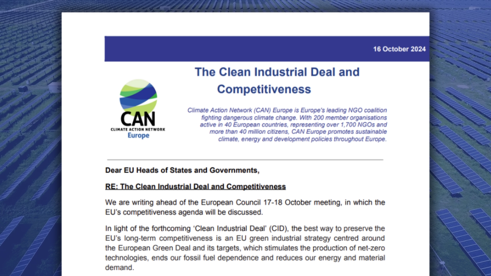 Letter to the EU Heads of States and Governments: The Clean Industrial Deal & Competitiveness