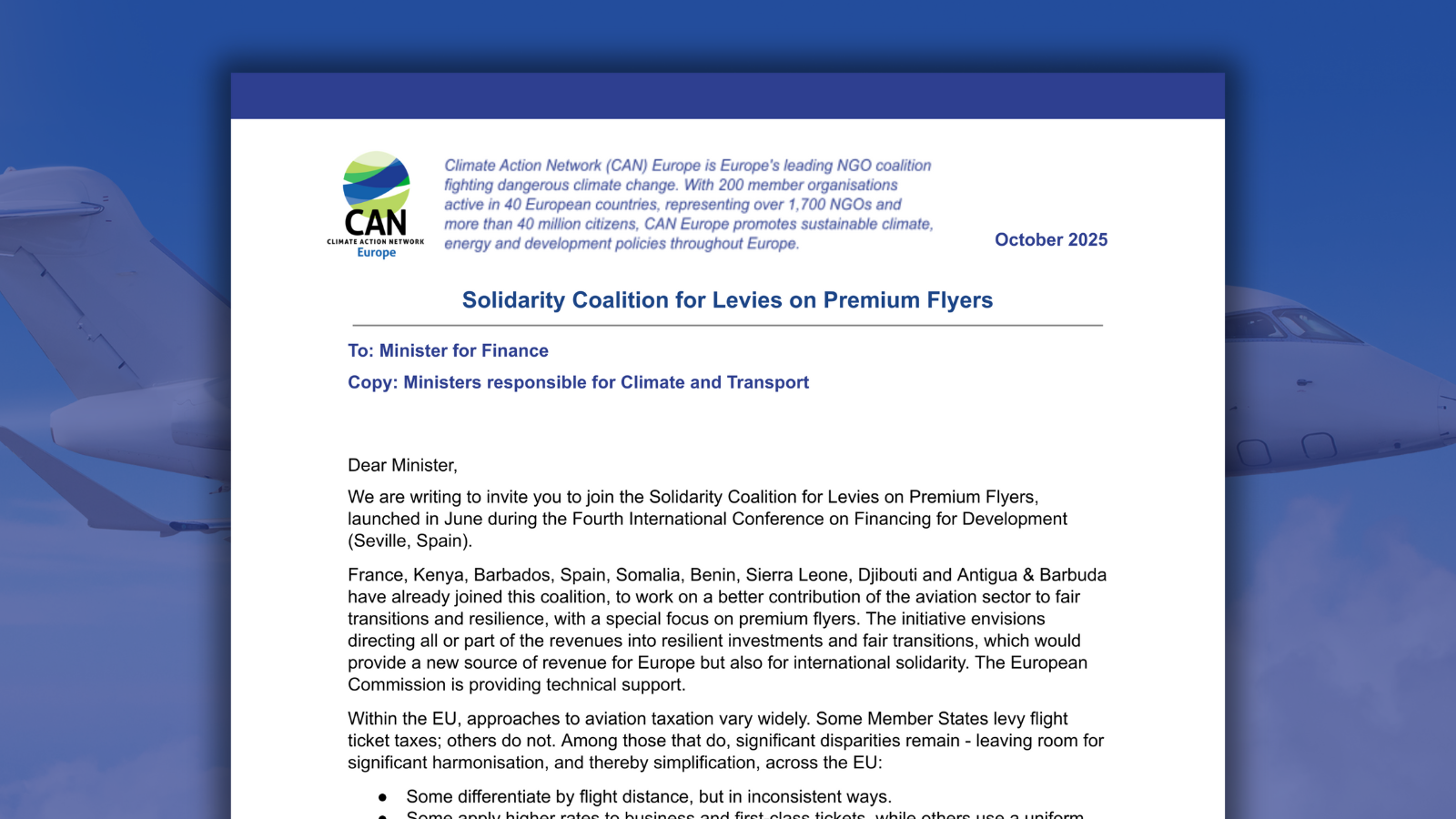 Letter to Finance, Transport and Climate Ministers on the Solidarity Coalition for Levies on Premium Flyers