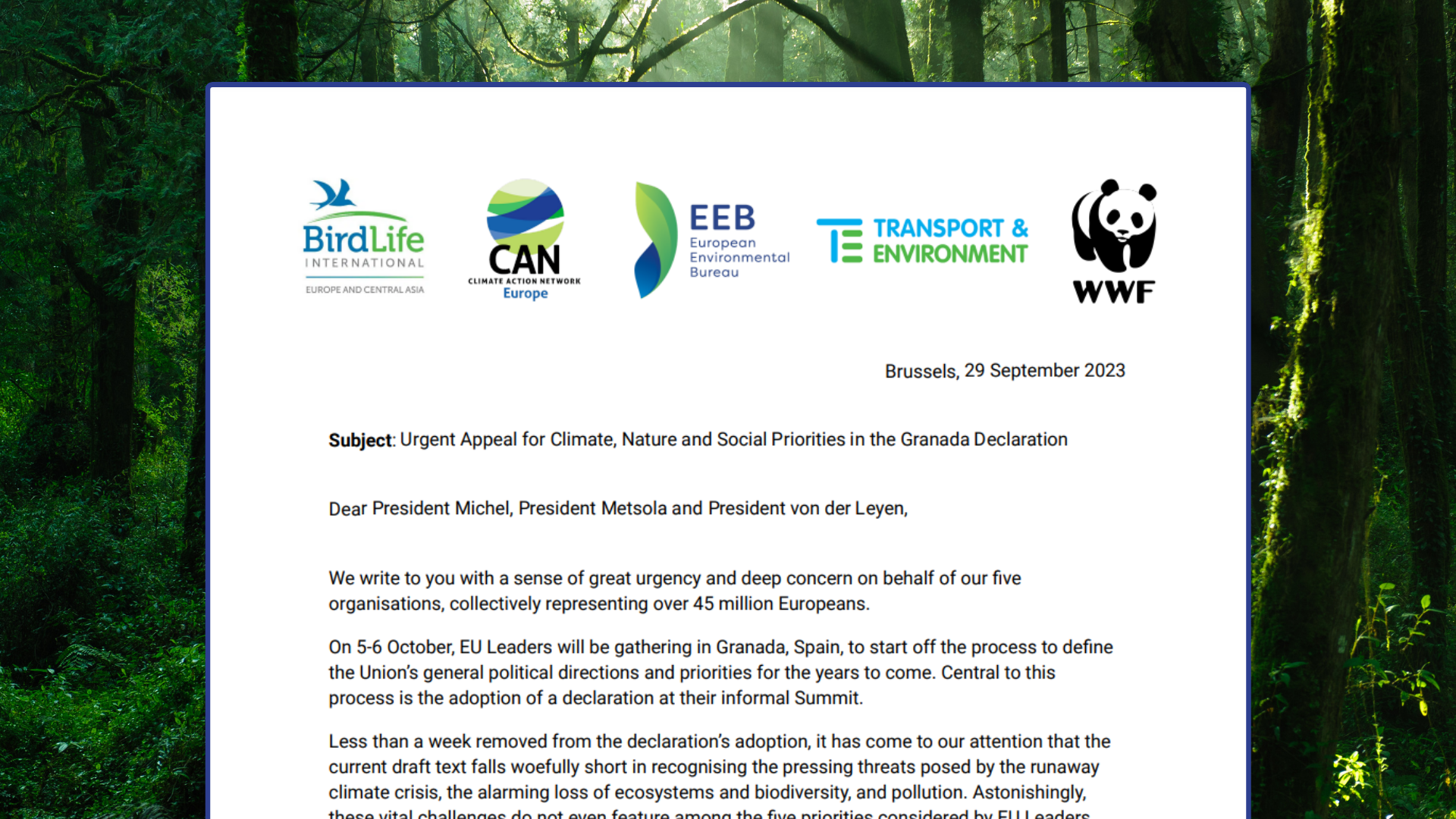 Joint letter: Urgent Appeal for Climate, Nature and Social Priorities in the Granada Declaration