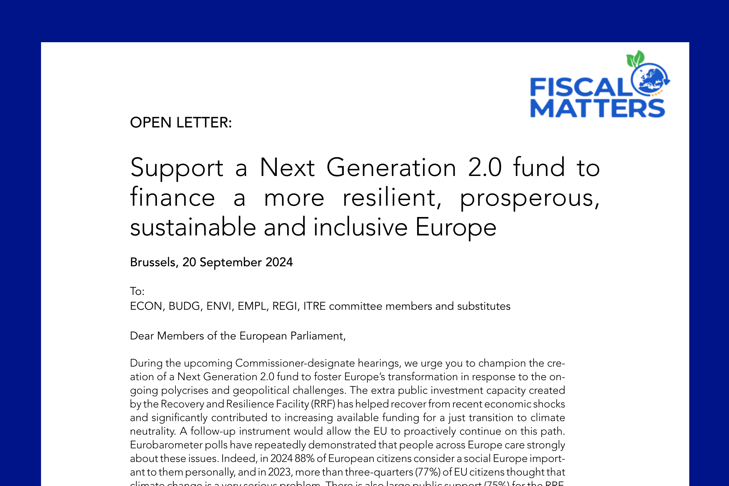 Open letter: Next Generation 2.0 fund to finance a more resilient, prosperous, sustainable and inclusive Europe