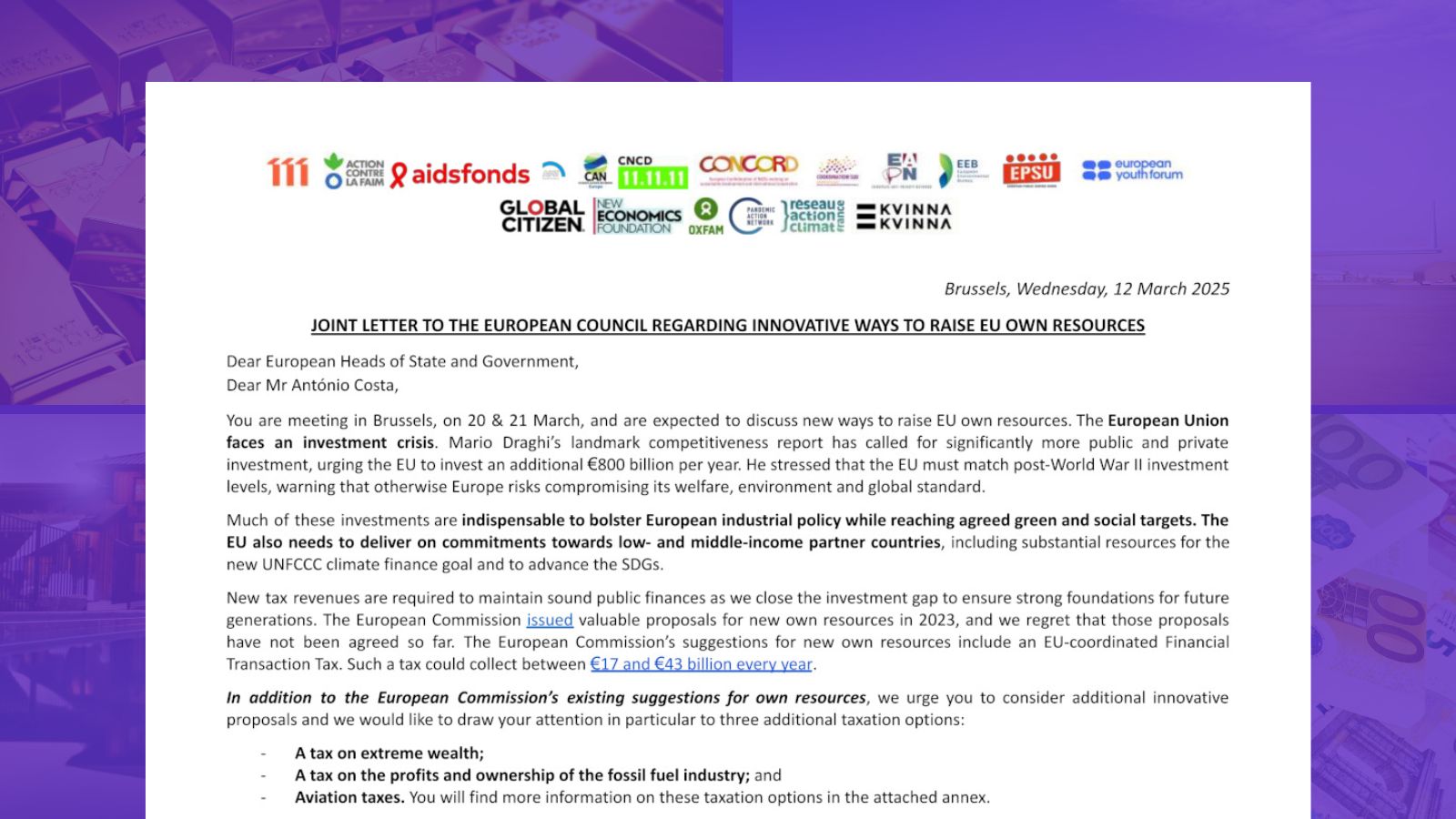 Joint letter to European Council: Innovative ways to raise EU’s own resources