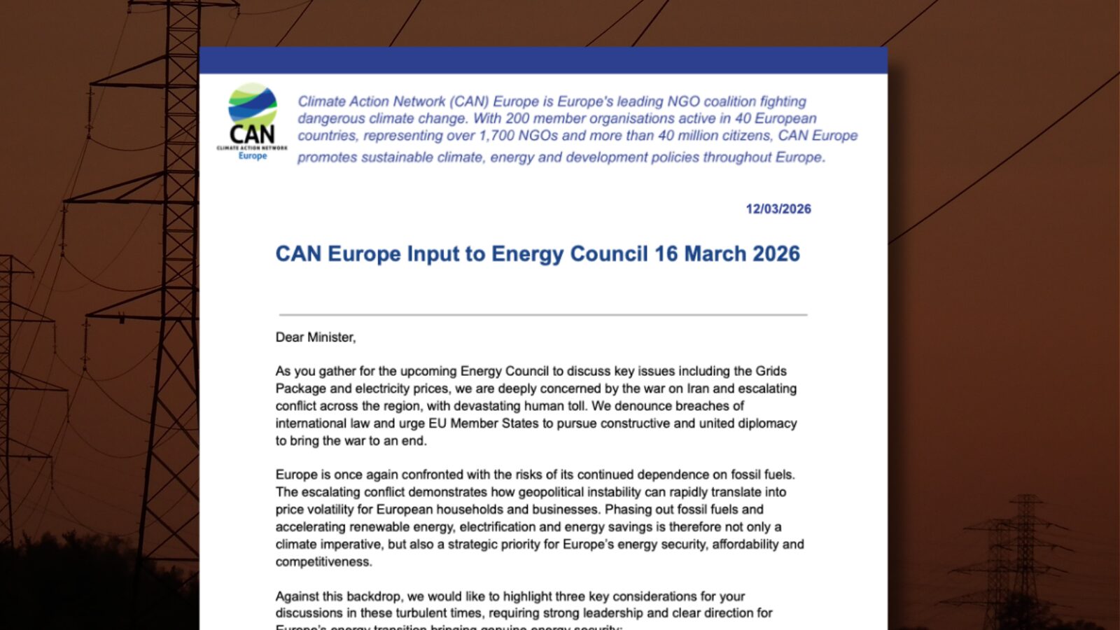 CAN Europe letter to EU Energy Ministers ahead of the Energy Council